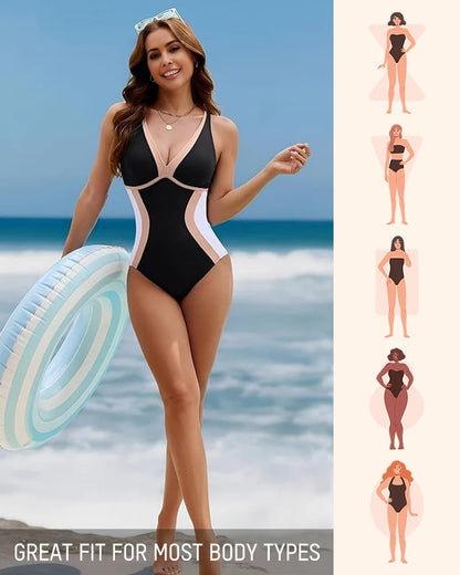 Color Block Tummy Control One-Piece Swimsuit