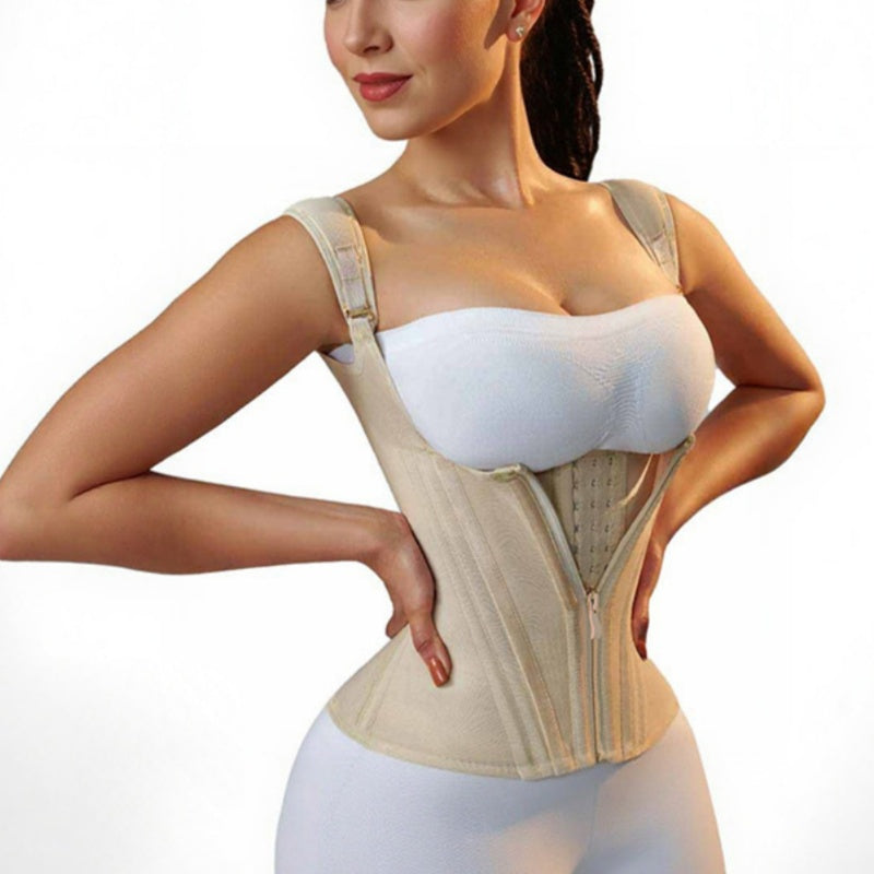 Three-button-zipper Double-layer Steel-boned Tight-fitting Waist-cinching Shaping Top With A Tummy-control Belt