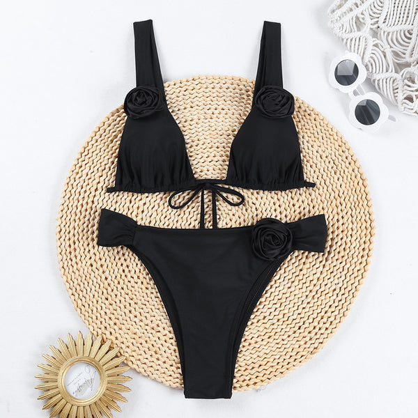 Summer Beach Bikini 3D Three-dimensional Flowers Bikini Set Sexy Solid Color Swimsuit Womens Clothing