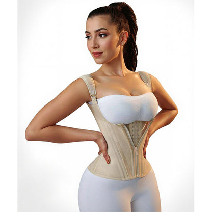 Three-button-zipper Double-layer Steel-boned Tight-fitting Waist-cinching Shaping Top With A Tummy-control Belt