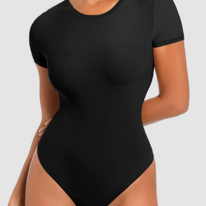 Womens Cinched Waist Shaping Bodysuit With Double-Layer Matte Texture And Tummy-Control Short Sleeves