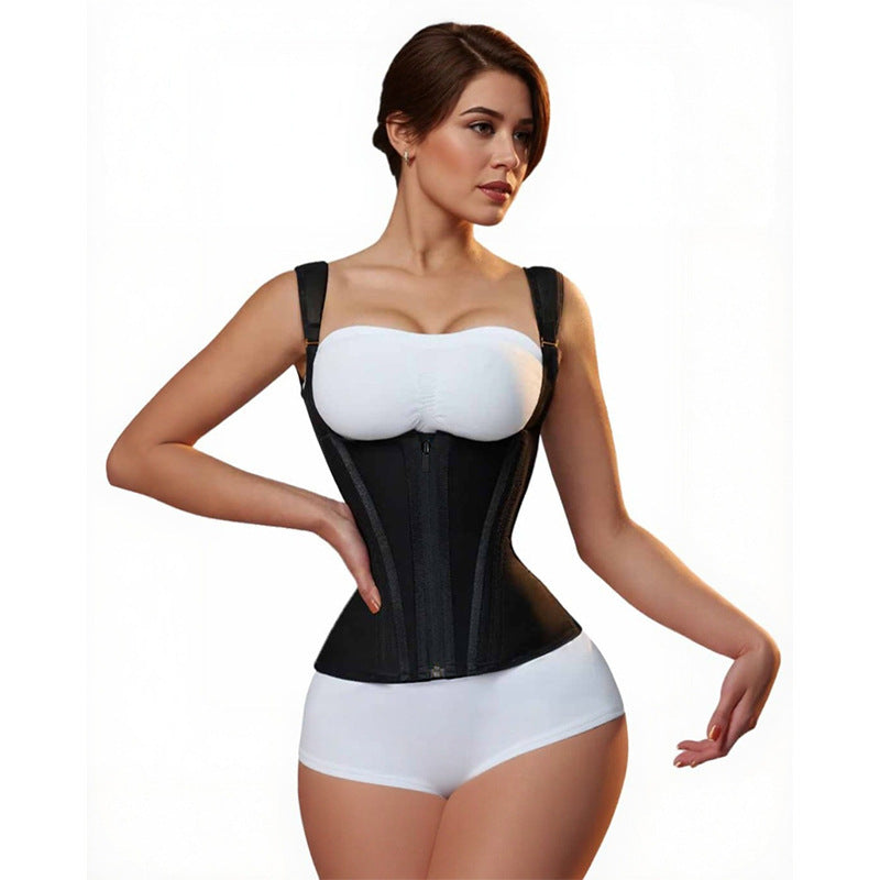 Three-button-zipper Double-layer Steel-boned Tight-fitting Waist-cinching Shaping Top With A Tummy-control Belt