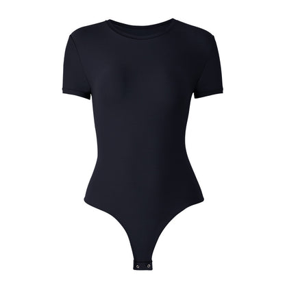 Womens Cinched Waist Shaping Bodysuit With Double-Layer Matte Texture And Tummy-Control Short Sleeves