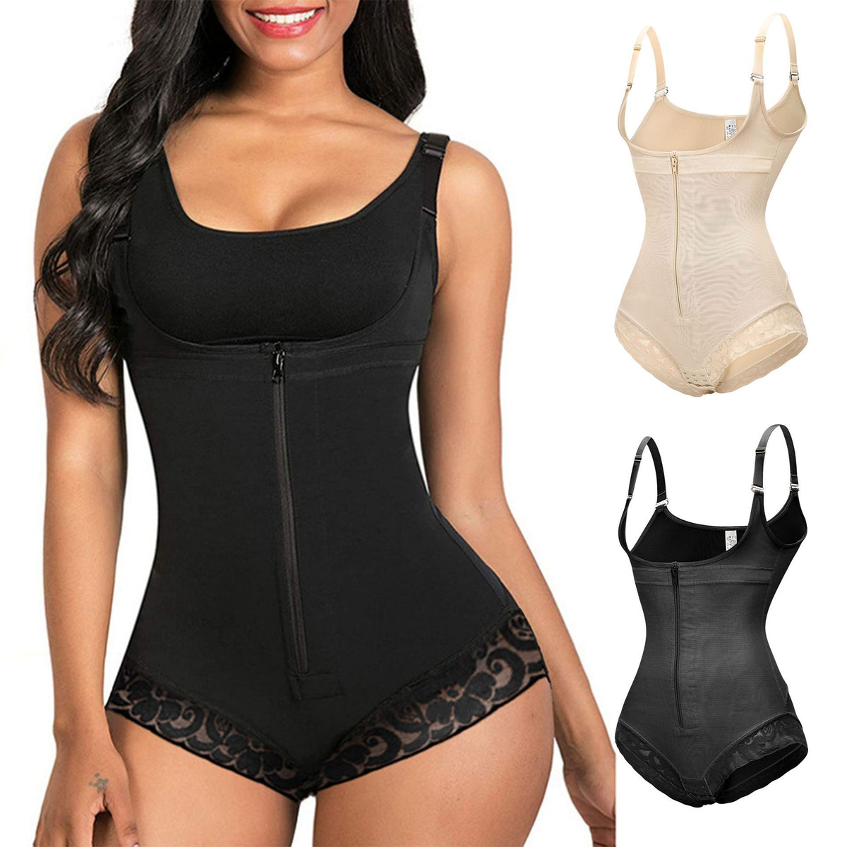 YH | Lace Trim Zip Front Shaper Bodysuit