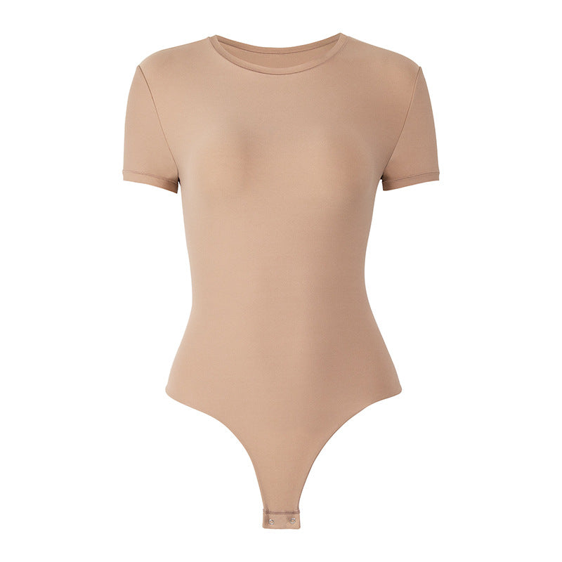 Womens Cinched Waist Shaping Bodysuit With Double-Layer Matte Texture And Tummy-Control Short Sleeves