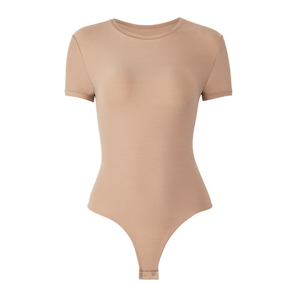 Womens Cinched Waist Shaping Bodysuit With Double-Layer Matte Texture And Tummy-Control Short Sleeves